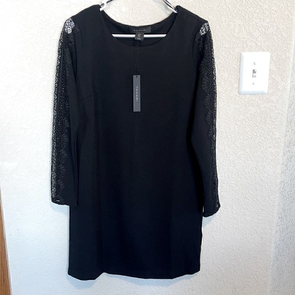 NWT- Tahari Black Shift Knee Length Dress w/ Lace Appliqué Sleeves, Size S